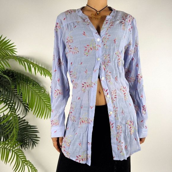Figueroa & Flower Womens Floral Embroidered Cottagecore Button-Up Blouse / L - Picture 1 of 7